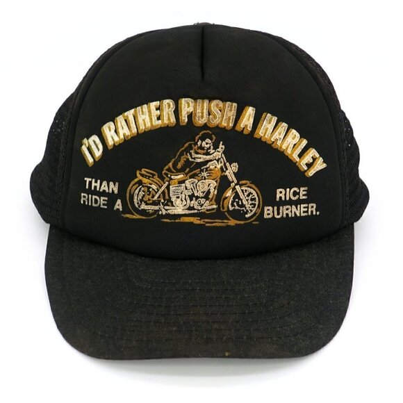 Vintage 70s/80s Harley Davidson Push A Harley Ride A Rice Burner Snapback Hat - Picture 1 of 10